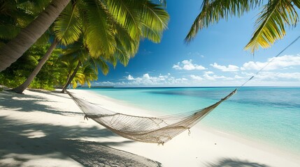 A serene beach scene featuring a hammock strung between palm trees, turquoise waters, and a clear blue sky ideal for relaxation.