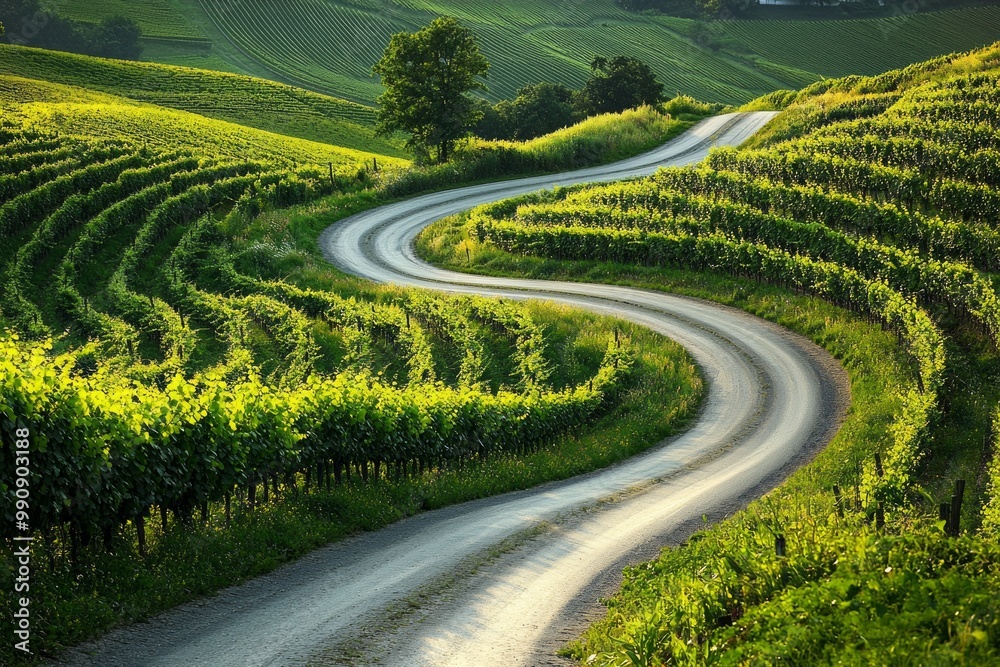 Wall mural A scenic rural road winding through fields of lush green vineyard landscape 