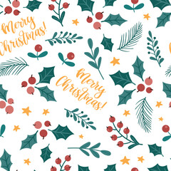 Christmas seamless pattern with berries and leaves. Perfect for Christmas paper, fabric and gift designs