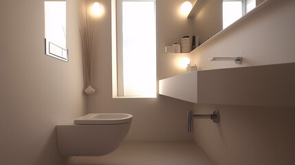 Fototapeta premium Minimalistic small bathroom with built-in shelving, floating fixtures, and a clean design that maximizes the limited space