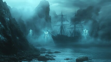 Eerie Ghost Shipwreck: Skeletons Emerging from Glowing Mist on Rocky Shoreline
