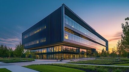 Obraz premium A modern building featuring sleek architecture, expansive glass windows, and surrounding greenery, illuminated by a sunset.