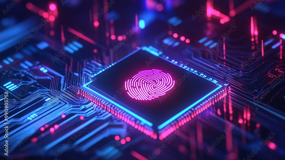 Poster futuristic microchip design with glowing fingerprint pattern. digital identity privacy.