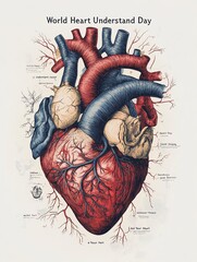 World Heart Day showing the anatomy of the heart with detailed diagrams and labels, in scientific illustration style.