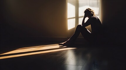 Solitary figure sitting alone in a dimly lit room head resting in hands casting long shadows and evoking a sense of sadness solitude and isolation