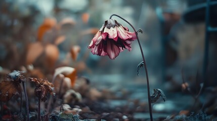 A photograph of a wilted drooping flower in a small neglected garden symbolizing the themes of loss despair and melancholy  The muted colors and faded