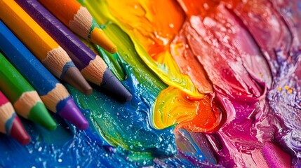 Obraz premium A photograph showcasing the process of vibrant crayons being melted and mixed together on a palette creating swirling patterns of bold colors blending into each other isolated on a bright background