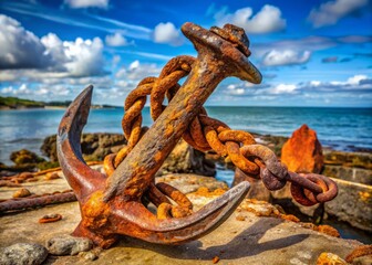 Aged to perfection, the anchor's once-sharp bow now blunted by ebb and flow, its surface a map of