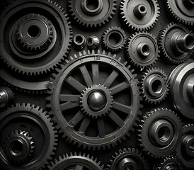 Set of various gears and ball bearings old and new, black and white, texture background ai gegerate

