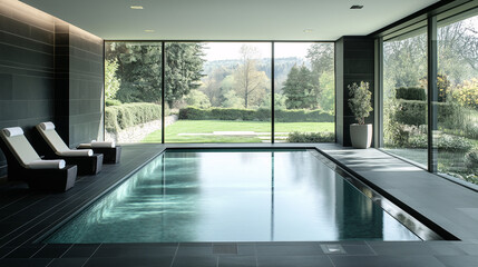 Fototapeta premium Modern indoor pool with sleek, dark tiles, minimalistic furniture, and a wall of windows overlooking a landscaped garden