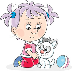Happy little girl playing with a small kitten, vector cartoon illustration on a white background