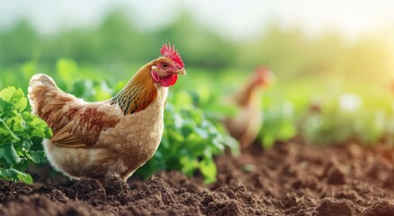 Fototapeta premium A chicken forages in a lush green garden, showcasing natural farming and animal husbandry in a serene outdoor setting.