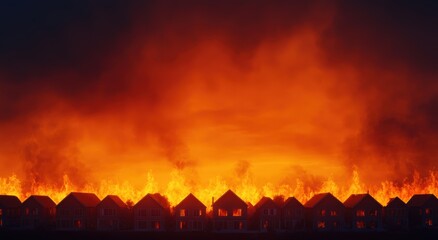 A dramatic scene of intense flames engulfing a row of houses against a dark sky, highlighting the destructive power of fire.