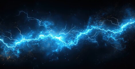 Vivid blue lightning flashes isolated on a black background during a fierce storm
