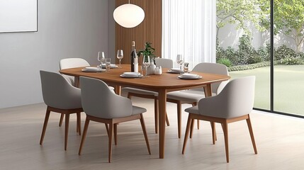 Walnut dining table with a set of matching chairs, elegant dining area, soft lighting, neutral color palette, clean lines, bright and airy space with a view of the garden