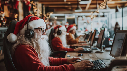 Santa's  working with computers in a modern office. banner/design/web