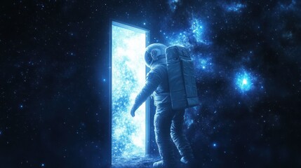 Naklejka premium Astronaut entering glowing blue cosmic universe door.
