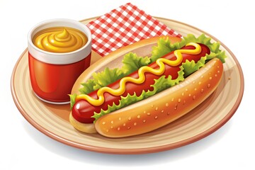 A mouthwatering hot dog sits atop a plate, surrounded by crimson ketchup, golden mustard, and a tender bun,