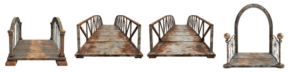 collection Set of A quaint bridge, a perspective view, with rusted metal on a transparent background cutout, PNG file. Mockup template