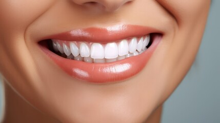 Obraz premium Beautiful female smile after teeth whitening procedure. Dental care. Dentistry concept. Neural network ai generated art