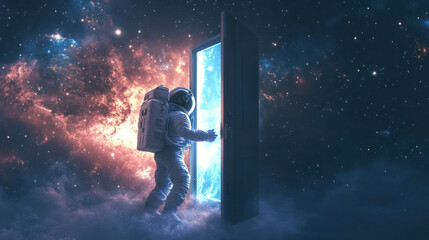 Fototapeta premium Astronaut opening door to a bright, cosmic scene.