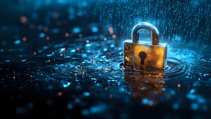 A padlock floating in a pool of water with raindrops falling around it.