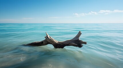 Obraz premium Weathered and Worn Driftwood Slowly Drifting Through a Calm Clear Blue Ocean Seascape with Soft Sunlight Reflecting on the Waves and Distant Horizon
