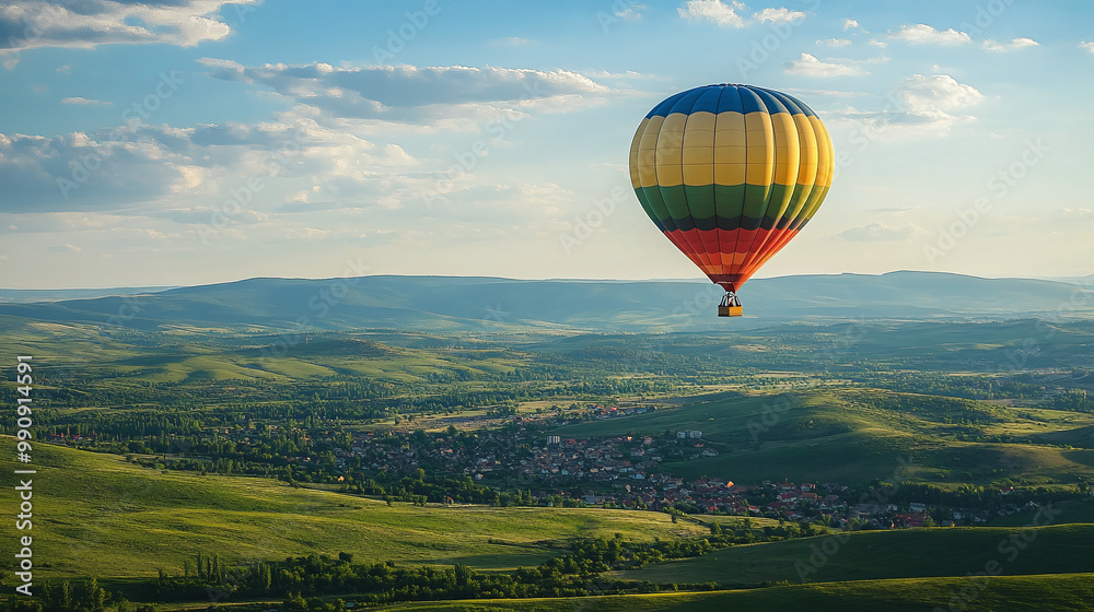 Wall mural view of hot air balloon flying in sky over green valley