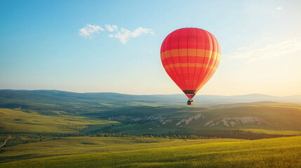 View of hot air balloon flying in sky over green valley