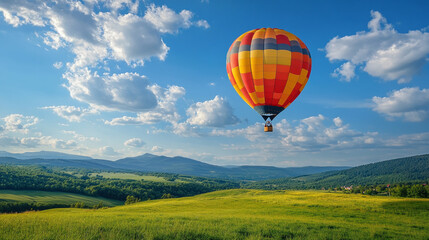 Fototapeta premium View of hot air balloon flying in sky over green valley