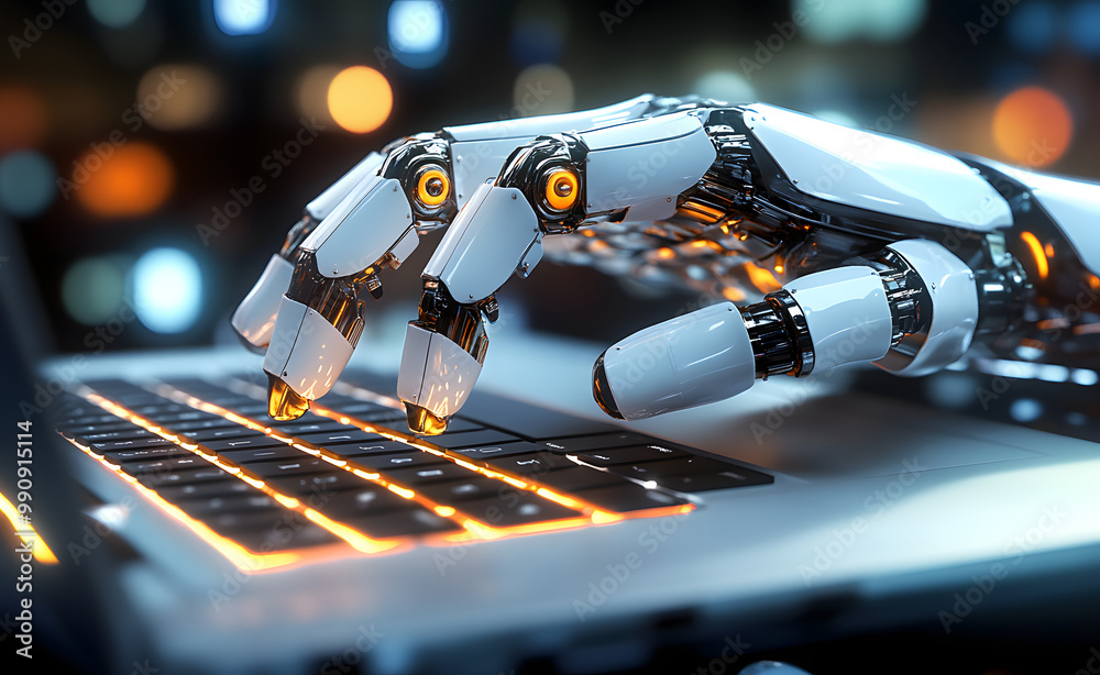 Wall mural cyborg hand pressing a keyboard on a laptop 3d rendering