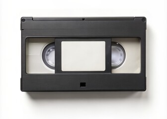 Obraz premium A rectangular videocassette tape rests on a spotless white surface, its label partially obscured by a faint, elongated