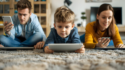 Family using modern devices. Little child lying on floor at home and holding digital tablet computer while his mom is using cellphone and brother and dad are using laptops. generative ai.