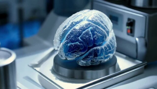 Frozen human brain preserved at low temperature for future cryosleep technology. A futuristic video depicting a human brain encased in ice. generative AI