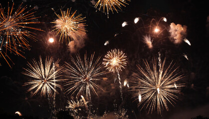 Colorful vibrant Firework celebrate anniversary happy new year 2025, 4th of july holiday festival. colorful firework night time to celebrate national holiday. countdown new year party 2025 background