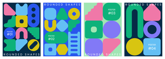 Abstract trendy geometric backgrounds. Geometric patterns with rounded shapes and symbols. Modern graphic design for banner, poster, cover, print, card or packaging. Flat vector illustration.