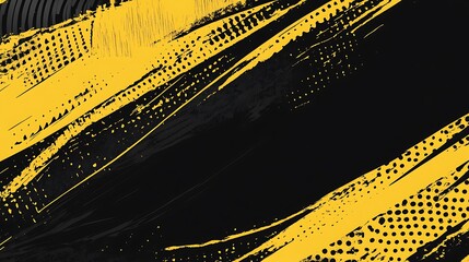 Abstract black and yellow paintbrush strokes with halftone pattern background.