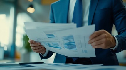 A close-up of a corporate leader reviewing high-level reports and documents, focused on the direction