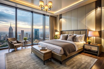 A serene retreat, this bedroom boasts a king-size bed with a stylish headboard, paired with floor-to-ceiling windows