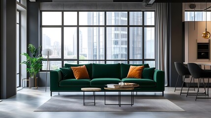 Sophisticated and Minimalist Contemporary Living Room Design with Lush Green Sofa Open Floor Plan and Abundant Natural Lighting for a Serene and Inviting Ambiance