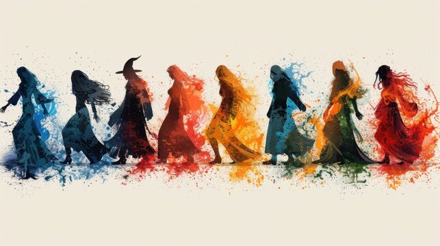 Design Pop Color silhouette illustrations of spooky Halloween Banquo's Ghost (from Shakespeare's Macbeth) in various activities ,with bold lines and simple design, placed on a white background 
