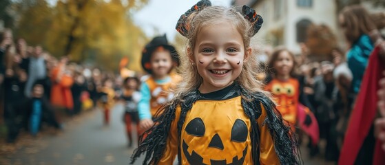 Obraz premium A joyful child in a Halloween costume smiles while participating in a festive parade, surrounded by fellow costumed friends.