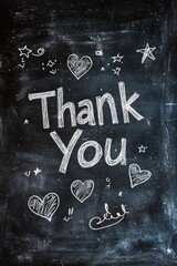 Handwritten "Thank You" in white chalk on a blackboard, with small doodles like hearts and stars drawn around the text. 