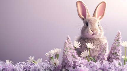 Fototapeta premium A cute bunny rabbit sits in a field of flowers.