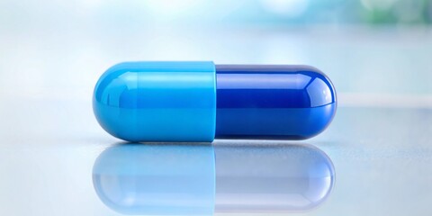 Oblong blue capsule antibiotic pill isolated on a white background with a blurred backdrop