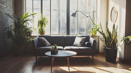 Fototapeta premium Serene Minimalist Living Room with Sleek Gray Sofa Low profile Coffee Table and Large Windows Letting in Natural Light Accented with Potted Plants for a Touch of Greenery
