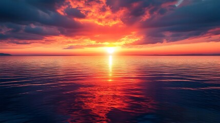 Fototapeta premium Breathtaking photograph showcasing a stunning sunrise over the tranquil ocean with vibrant orange and pink hues beautifully reflected on the water s surface