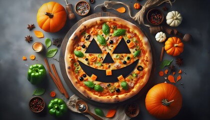 Naklejka premium Halloween pizza with a spooky pumpkin smiling face. Overhead view