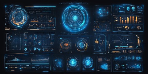 Futuristic user interface with glowing blue and orange elements, including circles, lines, and data visualizations.