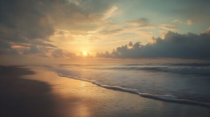 Mesmerizing sunrise scene over a peaceful and picturesque coastal landscape with the sun peeking above the horizon and illuminating the clouds in a warm golden glow